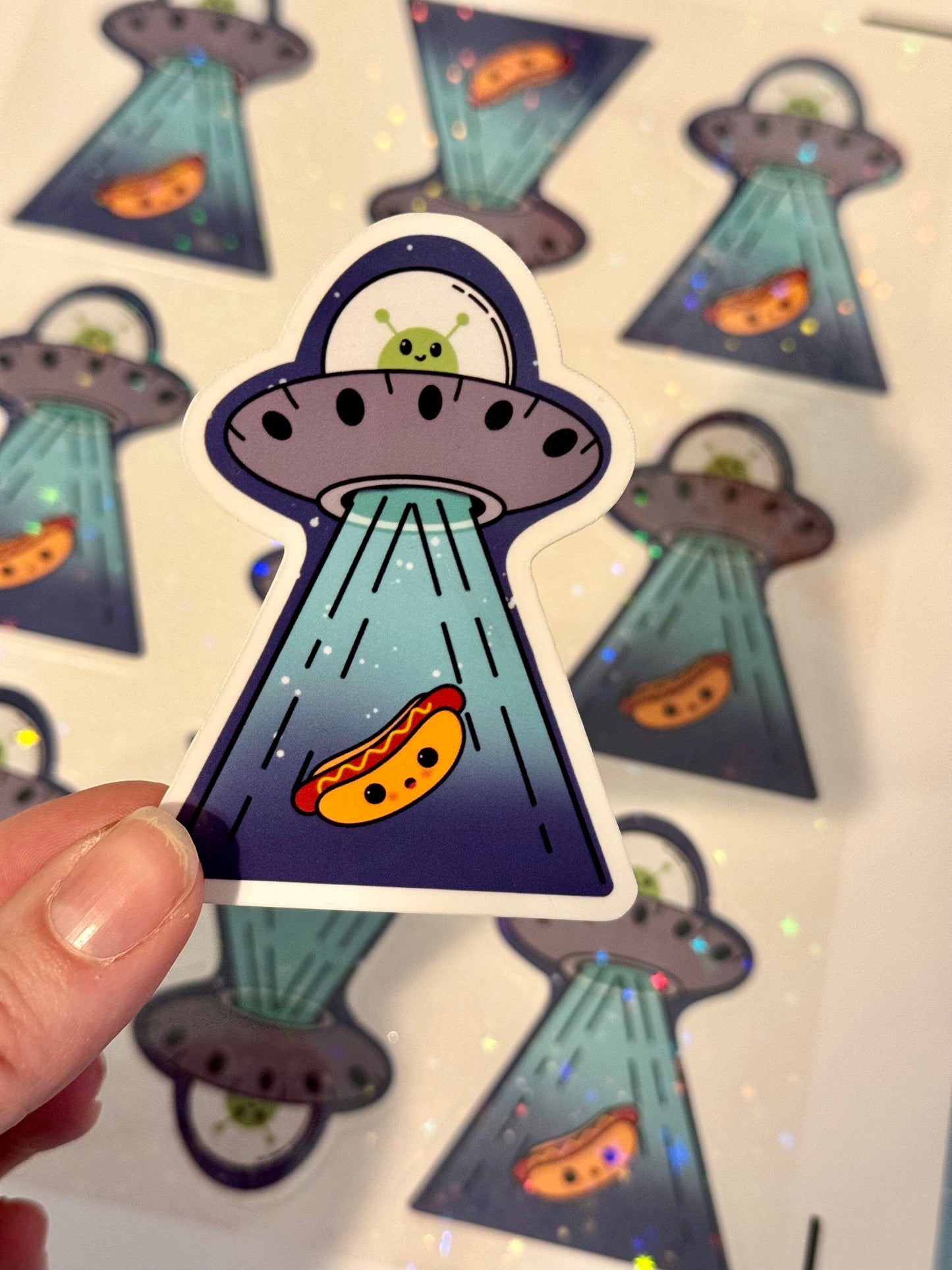 Funny Alien Sticker Abducting a Hot Dog