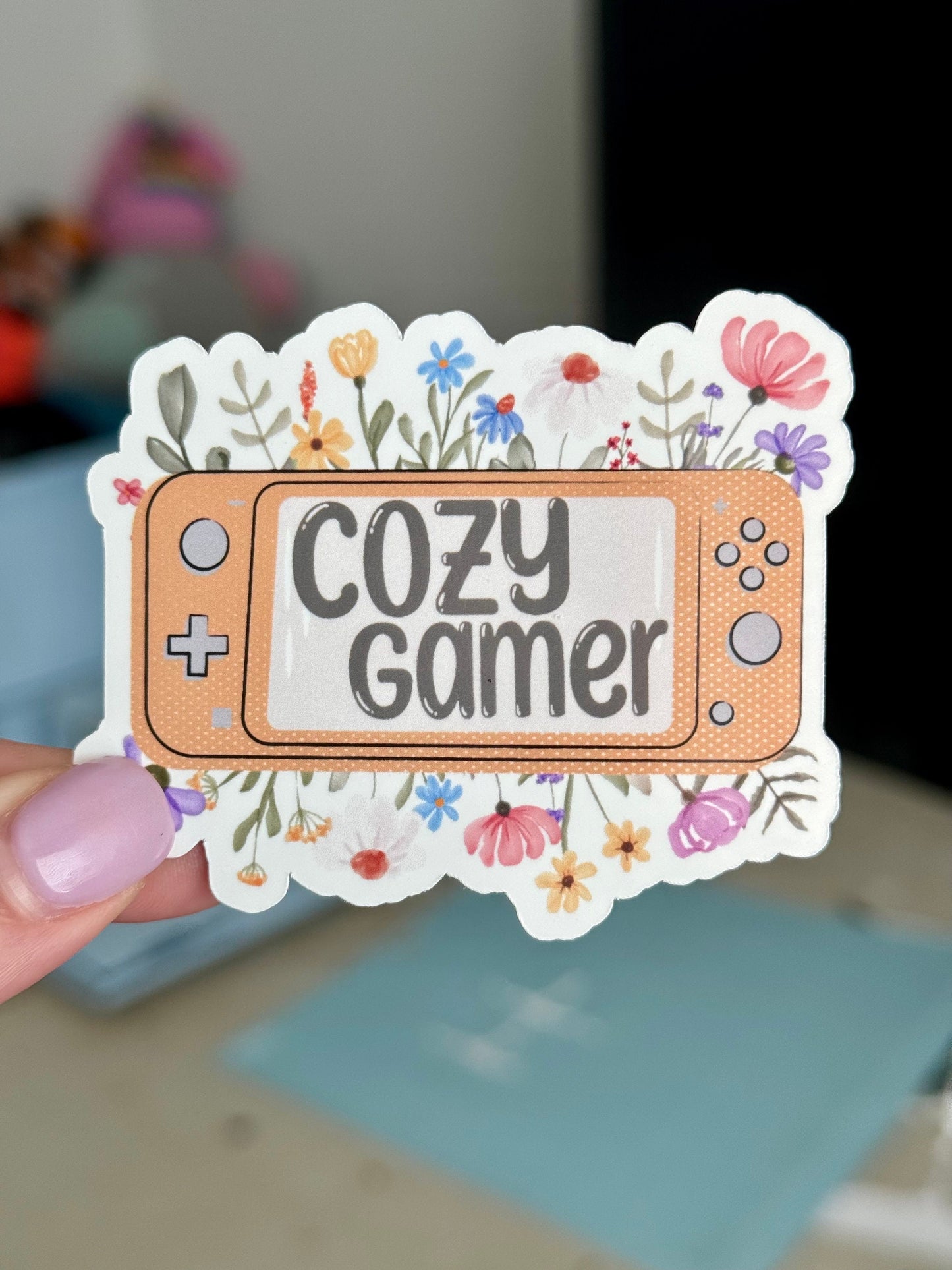 Cozy Gamer Waterproof Sticker, Floral Console Decal