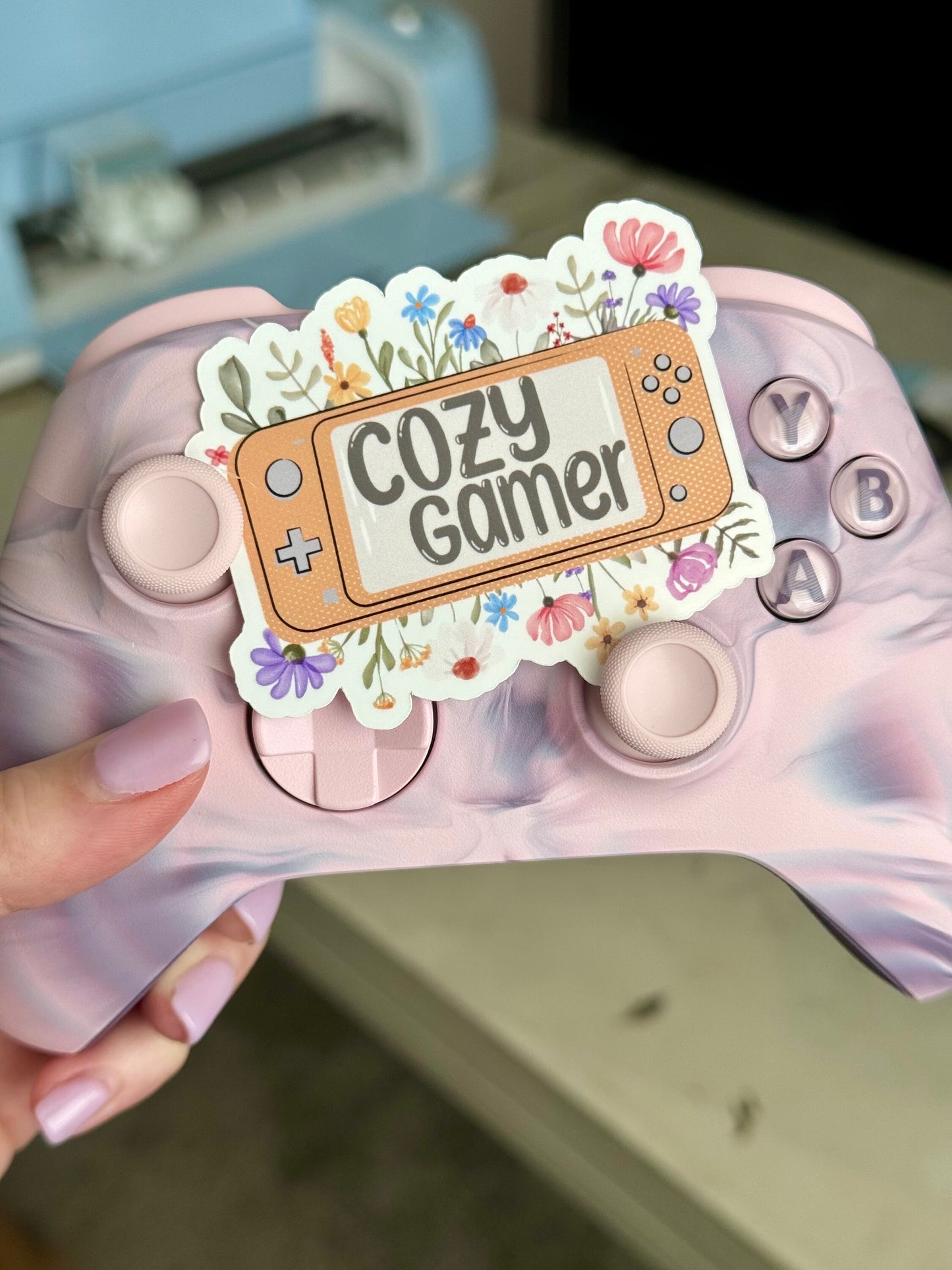 Cozy Gamer Waterproof Sticker, Floral Console Decal