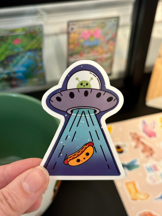 Funny Alien Sticker Abducting a Hot Dog